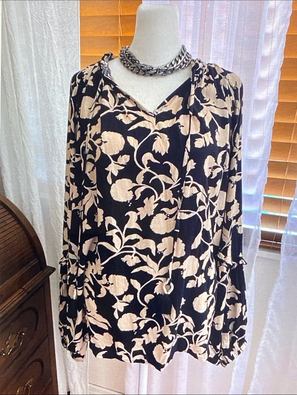 Knox Rose Black Floral Tie-Neck Long Sleeve Blouse